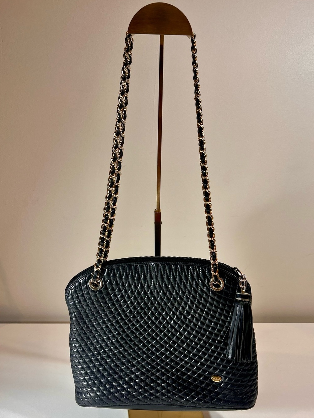 Vintage Bally Black Quilted Leather Shoulder Bag Chain Tassel